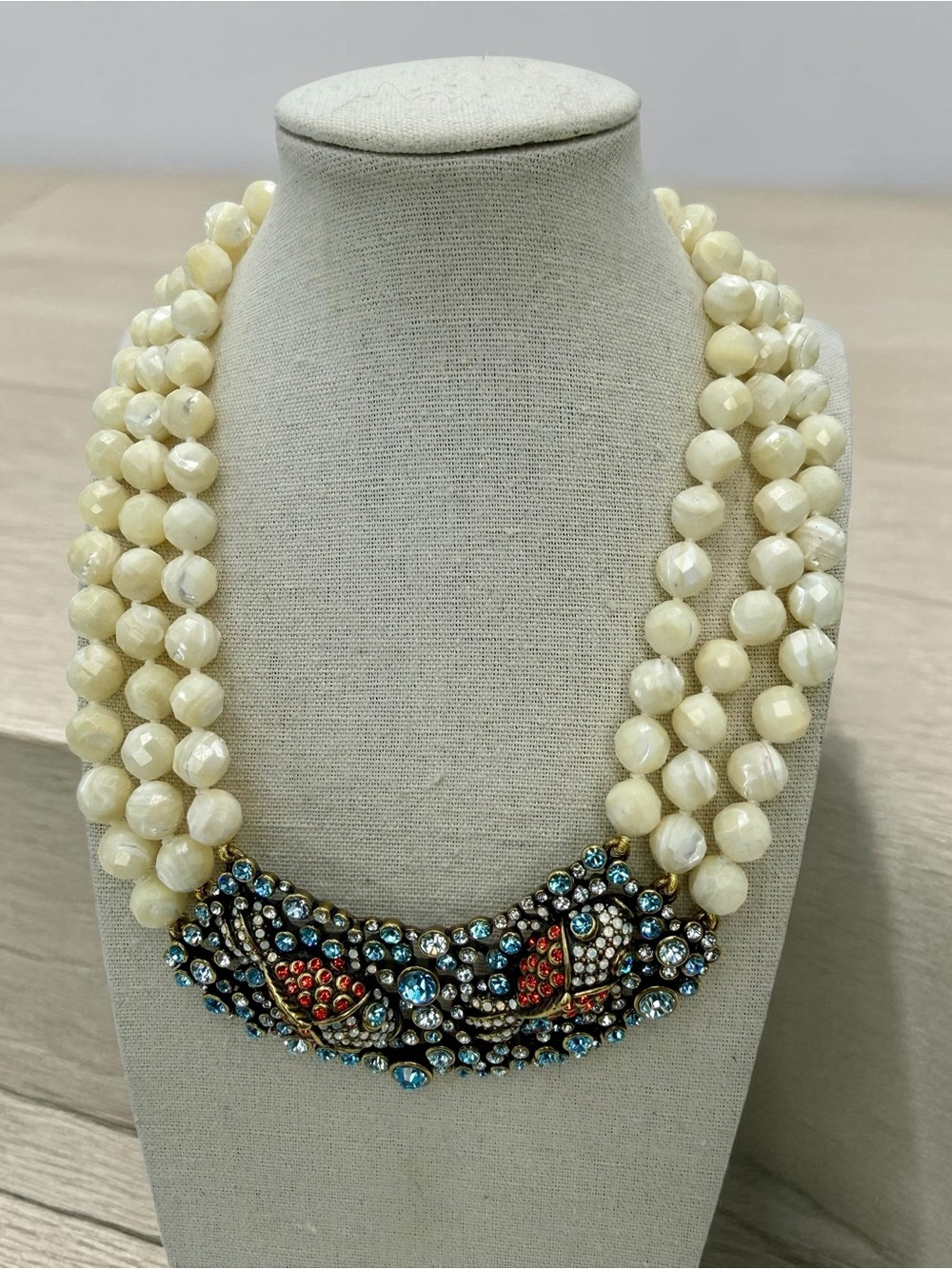 Heidi Daus Reel McKoi 3 Strand MOP Bead Crystal Fish Necklace 18”-21” Swarovski